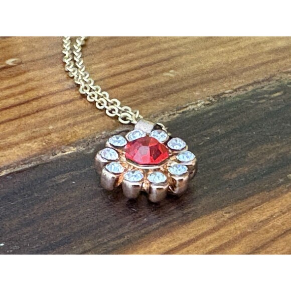 Vintage 18K Gold Plated Red/Clear Rhinestone Studded Pendant Necklace - Picture 4 of 9